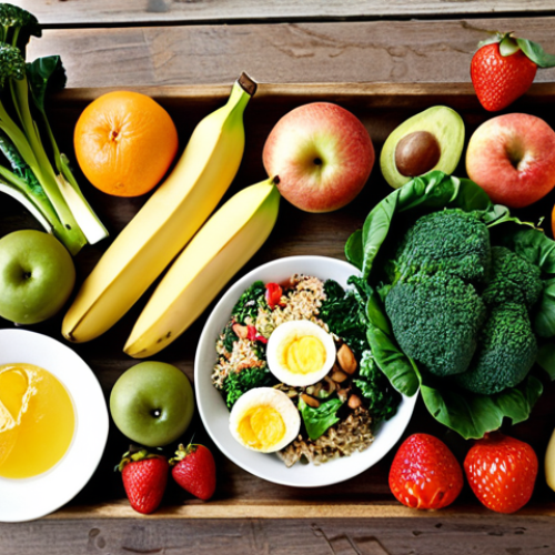 Home 11 A vibrant and colorful still life featuring a variety of healthy foods. Include fresh green vegetables (broccoli, spinach, kale), an assortment of fruits (apples, bananas, oranges, strawberries), brown rice, grilled chicken, fish, beans, eggs, olive oil, avocados, and nuts. Arrange the items artfully on a wooden table with natural lighting to emphasize freshness and nutritional value. The scene should evoke a sense of balanced and diverse eating habits for a healthy lifestyle.