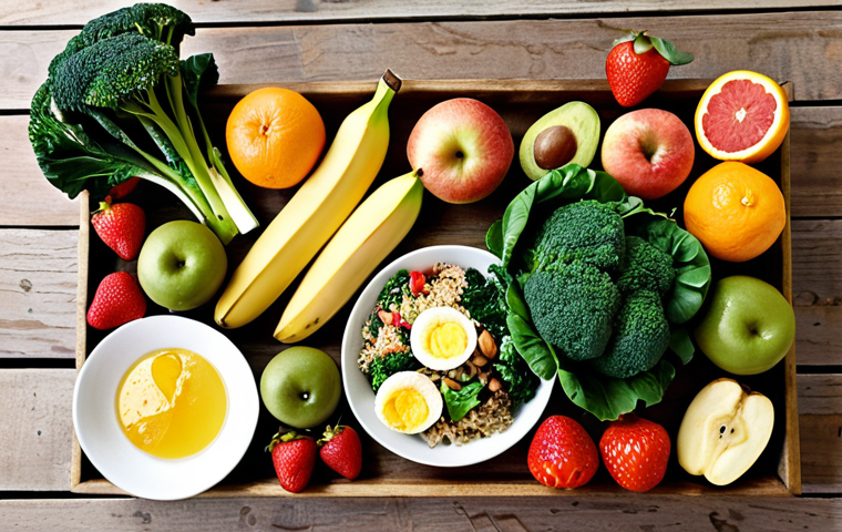 A vibrant and colorful still life featuring a variety of healthy foods. Include fresh green vegetables (broccoli, spinach, kale), an assortment of fruits (apples, bananas, oranges, strawberries), brown rice, grilled chicken, fish, beans, eggs, olive oil, avocados, and nuts. Arrange the items artfully on a wooden table with natural lighting to emphasize freshness and nutritional value. The scene should evoke a sense of balanced and diverse eating habits for a healthy lifestyle.