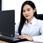 A professional Vietnamese nutritionist, female, fully clothed in modest business attire, deeply focused at a modern, organized desk. She is surrounded by open nutrition textbooks and scientific journals, with a laptop displaying professional health data. The background is a well-lit, contemporary office space with soft lighting. Perfect anatomy, correct proportions, natural pose, well-formed hands, proper finger count, natural body proportions. High-resolution, professional photography, safe for work, appropriate content, fully clothed, professional dress.